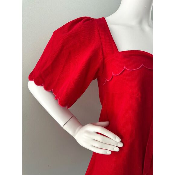 Smith & Quinn Red Corduroy Scallop Puff Sleeve Babydoll Mini Dress size Small - Picture 4 of 8